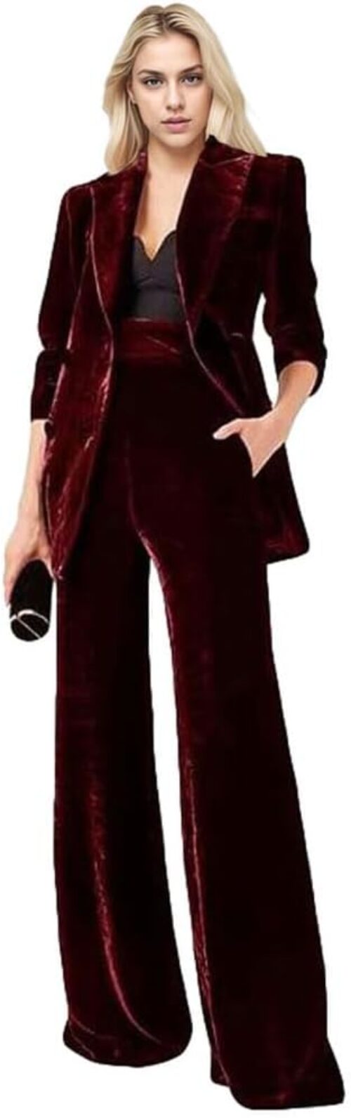 Women’s 2 Piece Velvet Suit Office Work Suit Notch Lapel Double Breasted Blazer Pants Business Suit Set