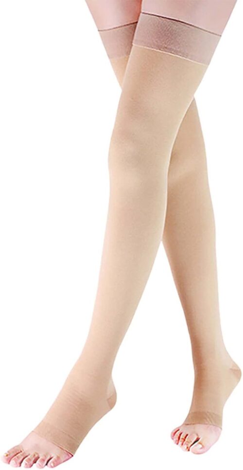 Lin Performance 15-20 mmHg Medical Compression Stockings for Women and Men Thigh High Dot-Top Open Toe Socks for Varicose Vein Swollen legs Travel Flight Pregnant(Beige,XL)