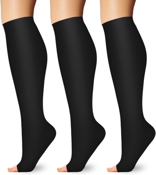 3 Pairs Open Toe Compression Socks for Women & Men Toeless Knee High Stockings for Circulation Support