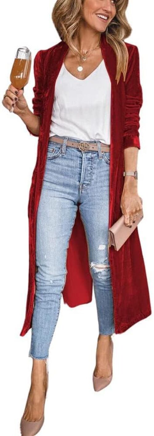 ebossy Women’s Vintage Velvet Open Front Cardigan Blazer Suits Silky Loose Fit Long Jacket Coat