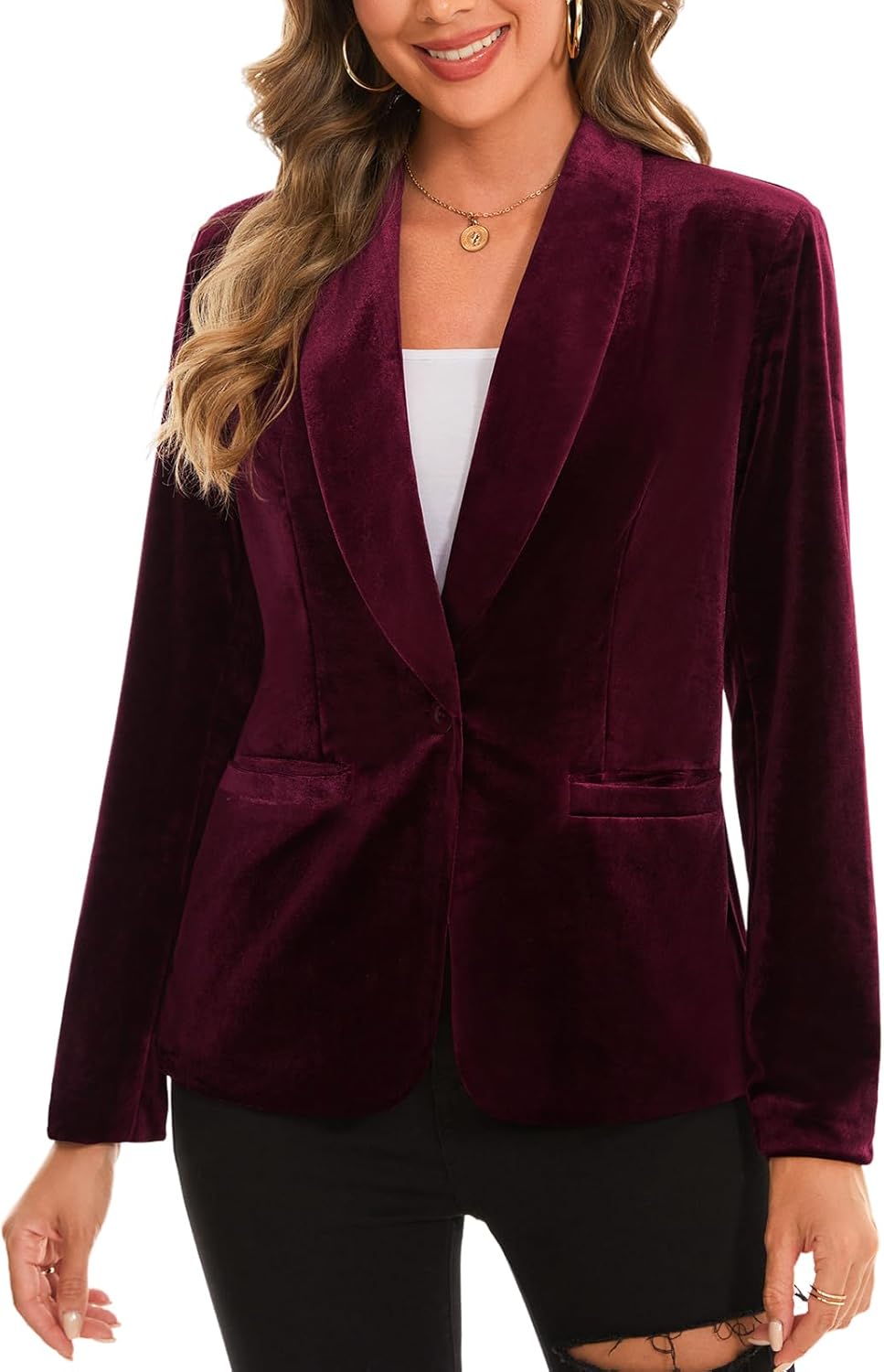 MINTLIMIT Women's Office Velvet Blazers Long Sleeve Shawl Collar 1 Button Open Front Lightweight Blazer Jacket with Pockets - Image 2