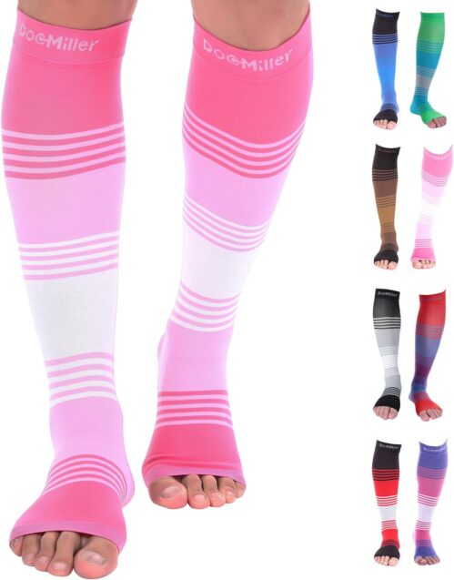 Doc Miller Toeless Compression Socks Women and Men – Open Toe Calf Support, 20-30mmHg Knee-High Sleeves, Lightweight, 1 Pair