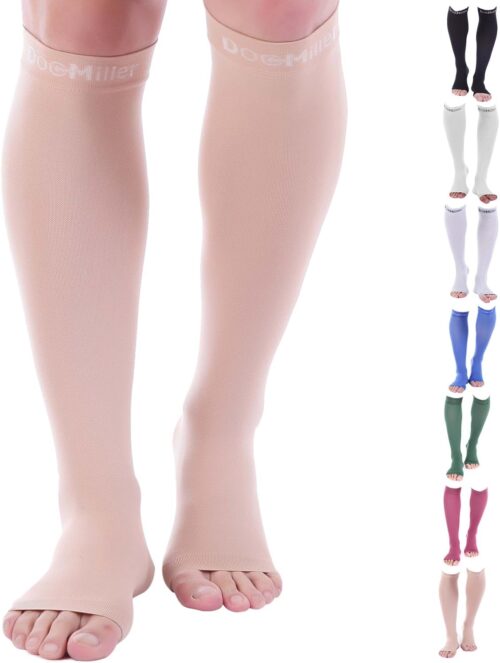 Doc Miller Open Toe Compression Socks for Men and Women, 15-20 mmHg, Calf Recovery, Medical Grade, Skin/Nude Socks, Large