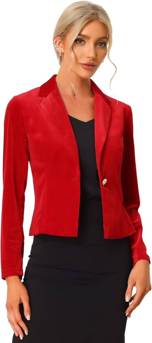 Allegra K Women’s 1 Button Velvet Blazer Lapel Business Office Christmas Crop Suit Jacket