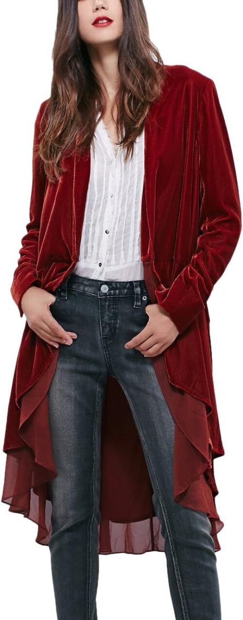 Urban CoCo Women’s Long Sleeve Velvet Cardigan Coat with Asymmetric Chiffon Hem