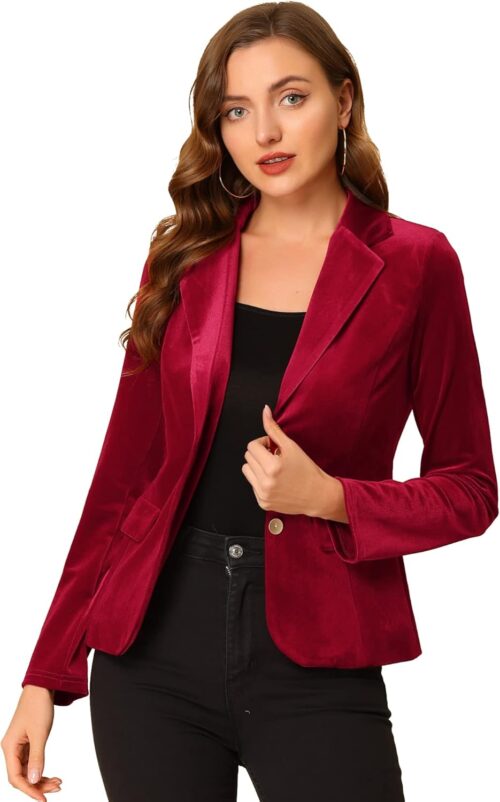 Allegra K Women’s Notched Lapel Vintage Office Button Front Velvet Blazer
