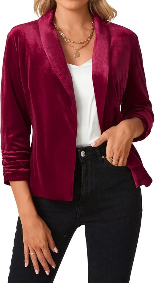 MINTLIMIT Women’s Velvet Blazer 3/4 Ruched Sleeve Jacket Shawl Lapel Open Front Casual Blazers Jackets