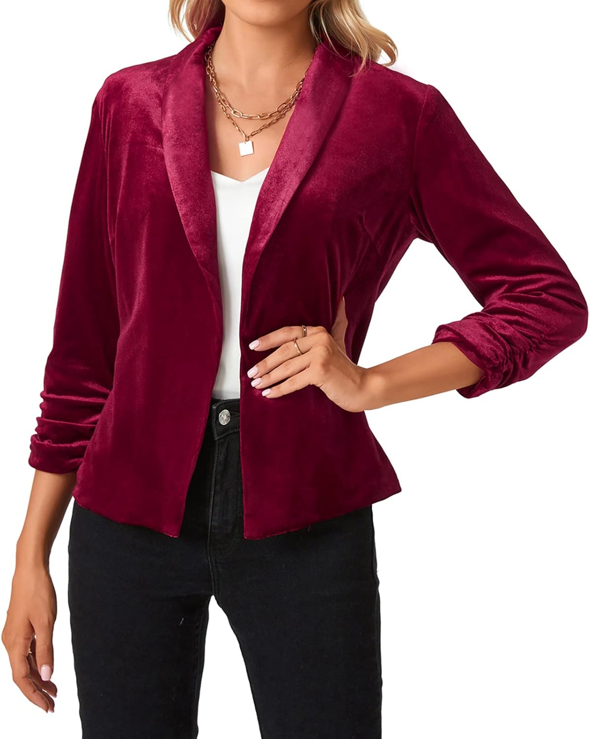 MINTLIMIT Women's Velvet Blazer 3/4 Ruched Sleeve Jacket Shawl Lapel Open Front Casual Blazers Jackets - Image 3
