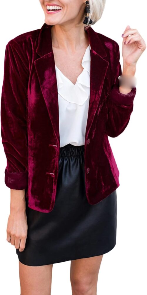SEMATOMALA Women’s Solid Long Sleeve Velvet Blazer Jacket Suit Open Front Cardigan Coat with Pockets Outerwear