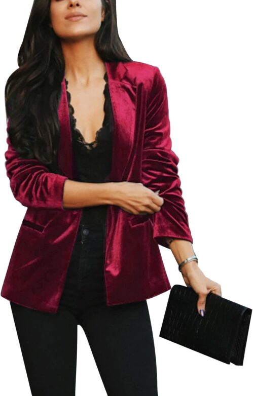 Women’s Velvet Suit Blazer Jacket Casual Office Work Long Sleeve Button Pockets Tailored Jacket Coat Blazer