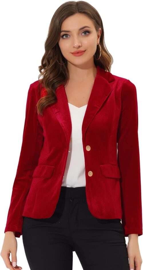 Allegra K Velvet Blazers for Women’s Notched Lapel Two Button Long Sleeve Blazer