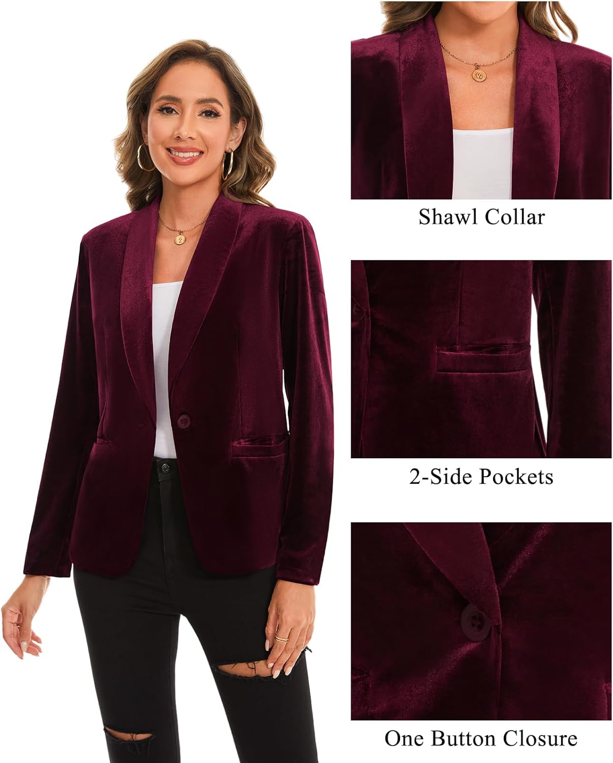 MINTLIMIT Women's Office Velvet Blazers Long Sleeve Shawl Collar 1 Button Open Front Lightweight Blazer Jacket with Pockets - Image 4