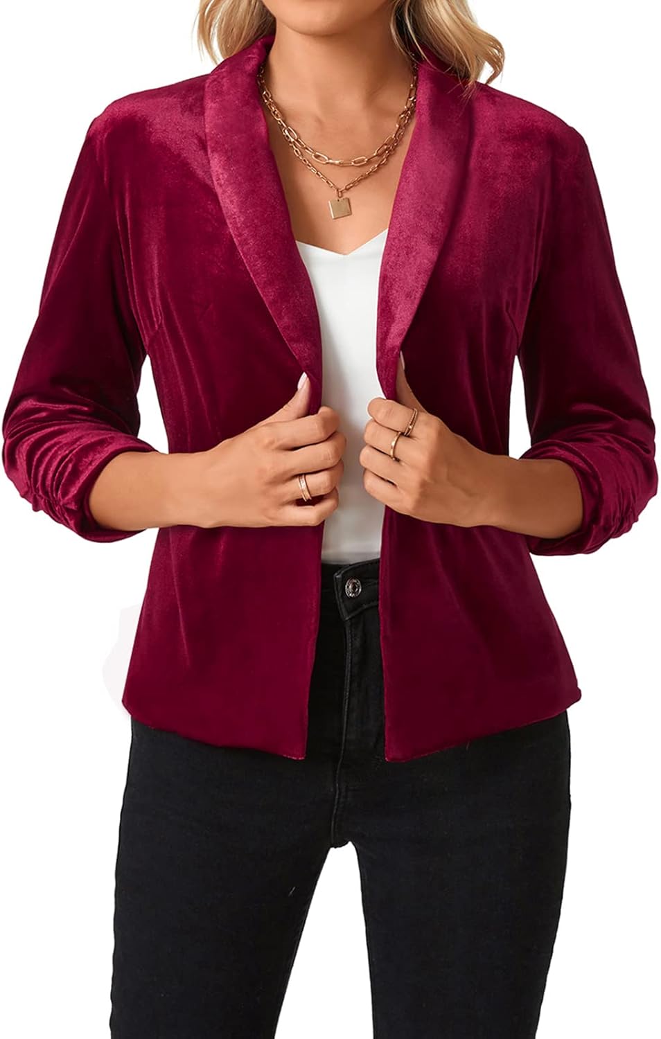 MINTLIMIT Women's Velvet Blazer 3/4 Ruched Sleeve Jacket Shawl Lapel Open Front Casual Blazers Jackets - Image 4