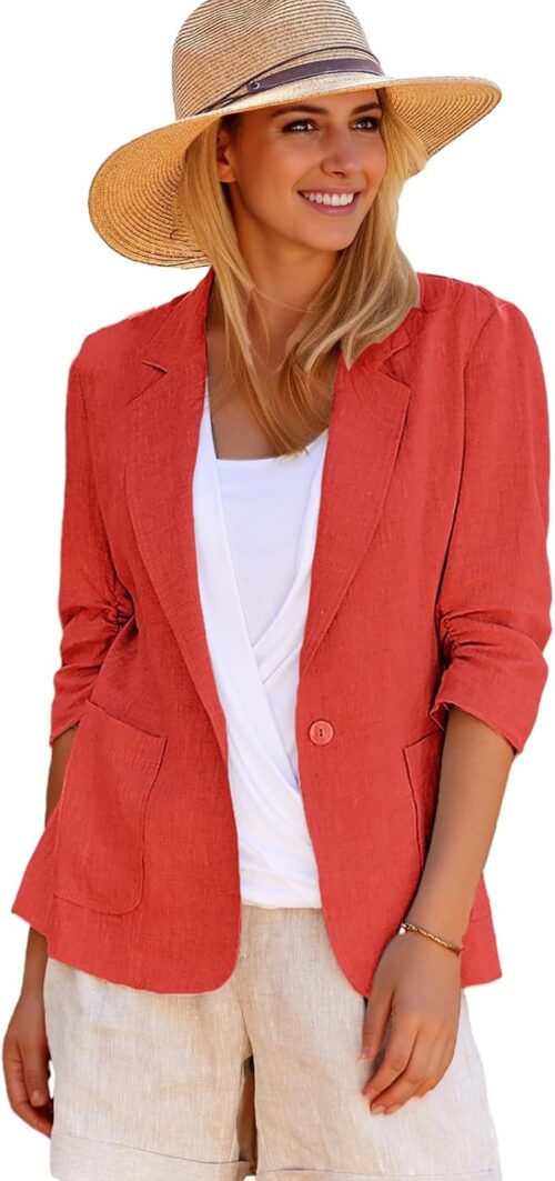 2025 Summer Linen Blazer Women Lightweight 3/4 Stretchy Ruched Sleeve Fully-Lined Casual Work Jacket with Pockets