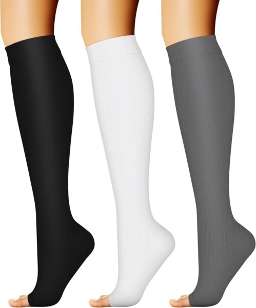 CHARMKING 3 Pairs Open Toe Compression Socks for Women & Men Circulation 15-20 mmHg is Best Support for All Day Wear