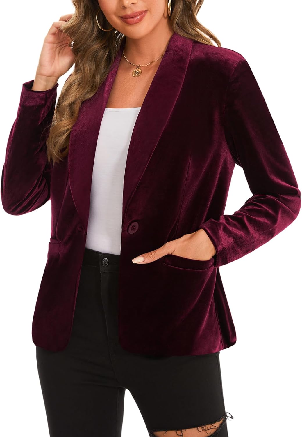 MINTLIMIT Women's Office Velvet Blazers Long Sleeve Shawl Collar 1 Button Open Front Lightweight Blazer Jacket with Pockets - Image 5