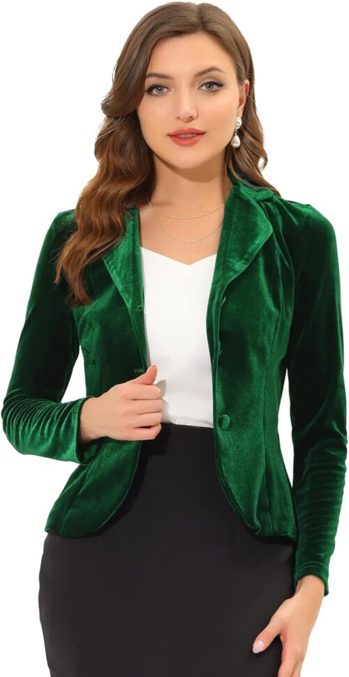 Allegra K Women’s Suit Jacket Notched Lapel Long Sleeve Office Business Button Velvet Blazer