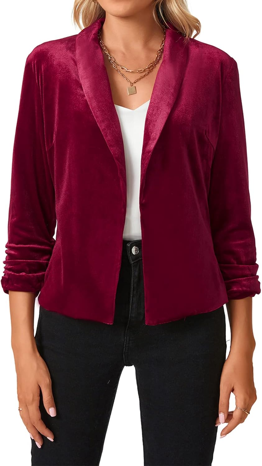MINTLIMIT Women's Velvet Blazer 3/4 Ruched Sleeve Jacket Shawl Lapel Open Front Casual Blazers Jackets - Image 2