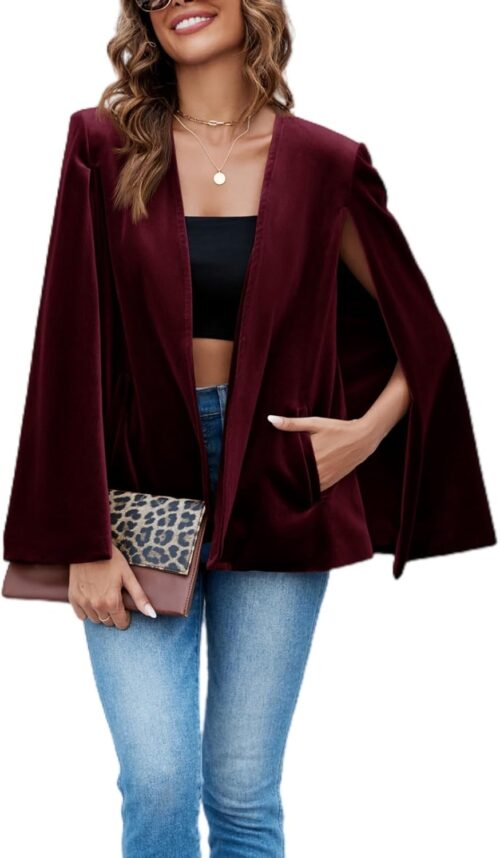 Cicy Bell Women’s Velvet Cape Blazer Jackets Casual Split Long Sleeve Open Front Coat