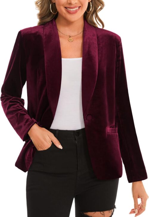 MINTLIMIT Women’s Office Velvet Blazers Long Sleeve Shawl Collar 1 Button Open Front Lightweight Blazer Jacket with Pockets