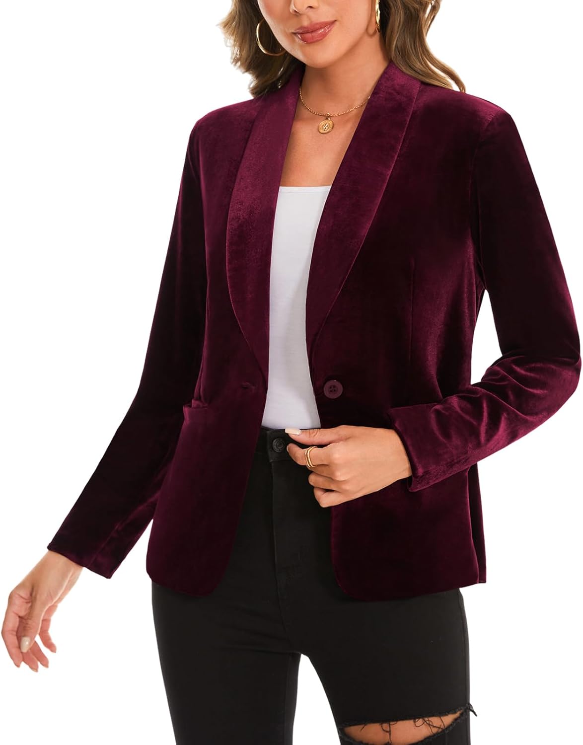 MINTLIMIT Women's Office Velvet Blazers Long Sleeve Shawl Collar 1 Button Open Front Lightweight Blazer Jacket with Pockets - Image 6