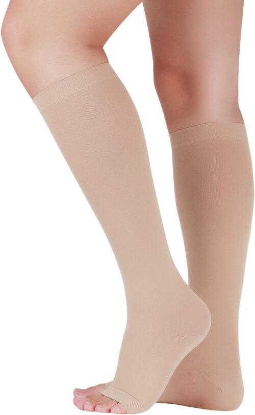 Lin Performance 20-30 mmHg Medical Compression Socks for Women and Men Knee High Open Toe Stockings Varicose Vein Swollen legs(M, Beige)
