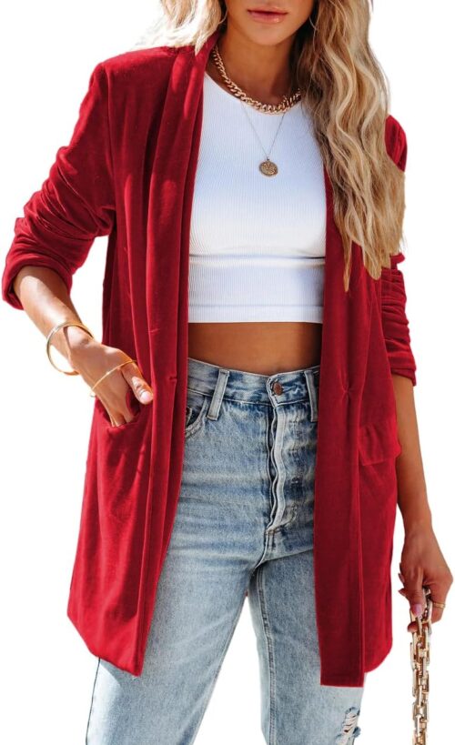 Fronage Women’s Business Velvet Blazer Jacket Casual Long Sleeve Lapel Collar Blazer Suits Tops Long Cardigan Outerwear