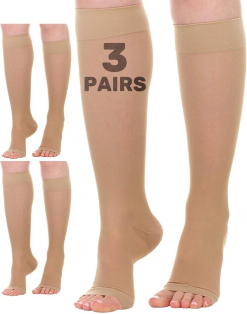 (3 Pack) Sheer Compression Socks for Women 20-30mmHg Open Toe – Toeless Knee Highs Support Stockings for Circulation – A416