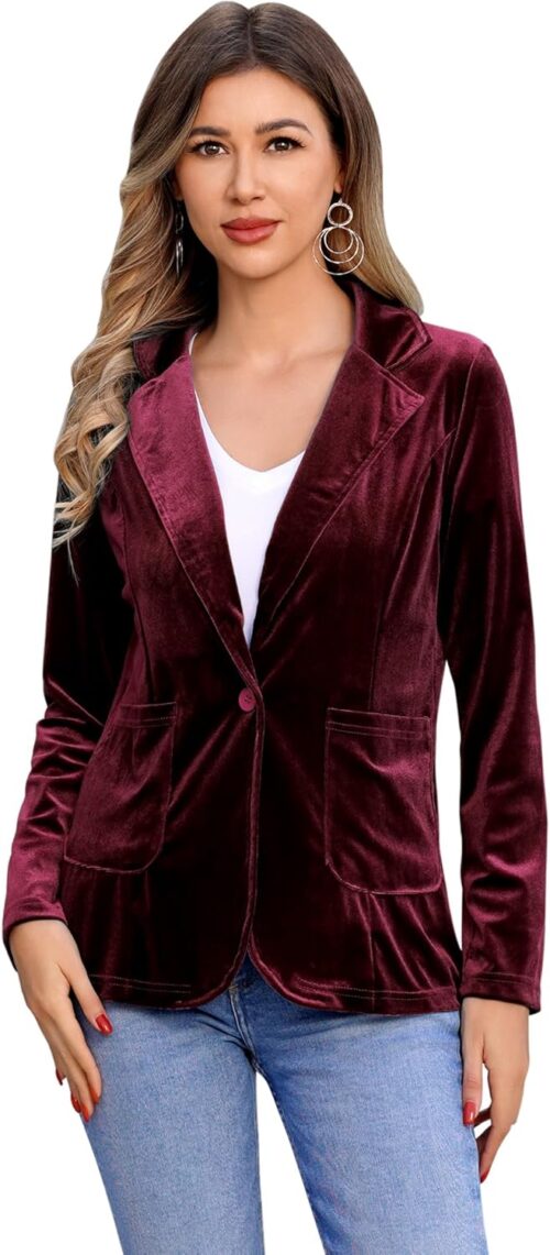 IDOPIP Women’s Velvet Blazer Jacket Long Sleeve Lapel Open Front Cardigan Coat Casual Office Blazer Jacket Suits with Pockets
