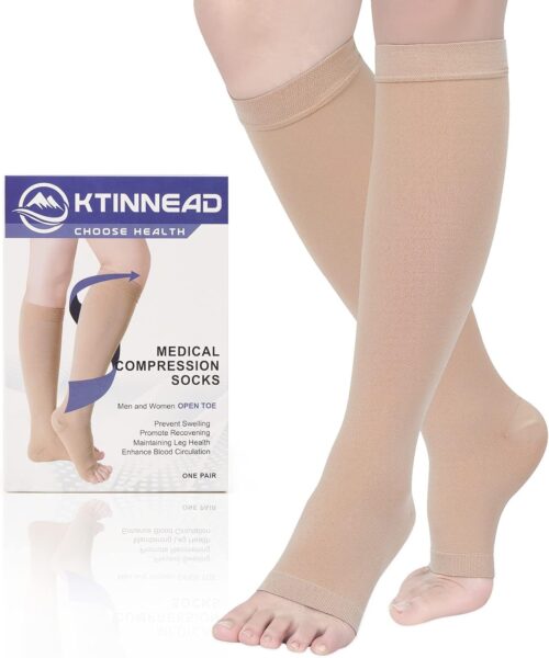Ktinnead Compression Socks for Women and men 20-30 mmhg, Knee High Graduated Compression Stockings, Opaque, Open Toe, Unisex, Beige, Large