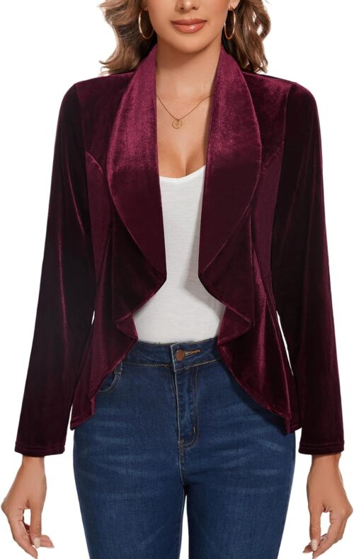 MINTLIMIT Velvet Blazers for Women Casual Work Office Long Sleeve Open Front Cardigan Ruffle Suit Jacket Coat Blazer