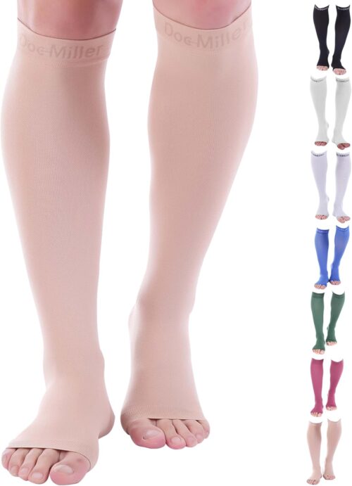 Doc Miller Open Toe Compression Socks, 20-30 mmHg, Toeless, Support Circulation, Shin Splints, Calf Recovery, Post Op, Knee High, Medical Grade, Nude/Skin Socks, Large Size for Men & Women, Pair