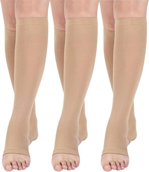 Open toe toeless Compression Socks 3 Pairs 15-20 mmHg Support Pregnancy，Running，Sports,Flight Travel