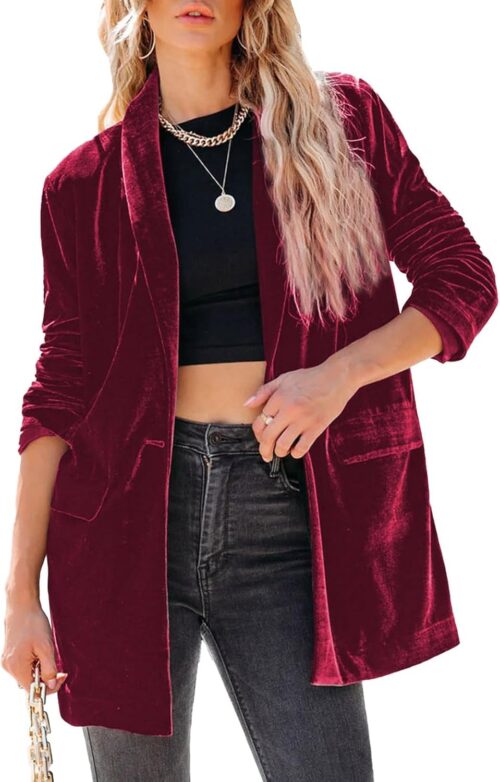 Happy Sailed Women’s Velvet Blazer Jackets Casual Long Sleeve Lapel Collar Pocketed Blazer Suits Work Outfits