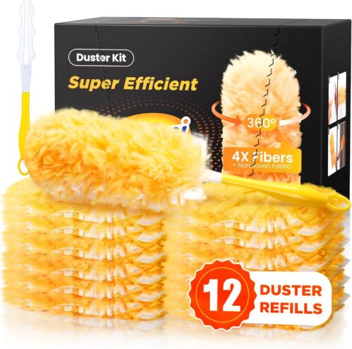 Super Efficient Duster Refills for Swiffer Duster, Duster Kit with 12 Ct Duster Refills & 1 Handle, Multisurface 360° Dusters with 4X Microfibers, Unscented Disposable Dusters for Cleaning