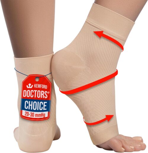 KEMFORD Ankle Compression Sleeve – Plantar Fasciitis Braces – Open Toe Compression Socks for Swelling, Sprain, Neuropathy, Foot Arch Support for Men and Women – 20-30mmhg, L, Beige
