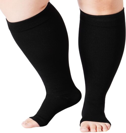 Abodhu Plus Size Compression Socks Open Toe Compression for Women& Men 15-20mmHg Wide Calf Knee High Toeless Compression Sock
