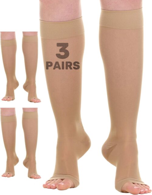 (3 Pairs) Sheer Compression Socks for Women 15-20mmHg Open Toe – Toeless Knee Highs Support Stockings for Circulation – A413