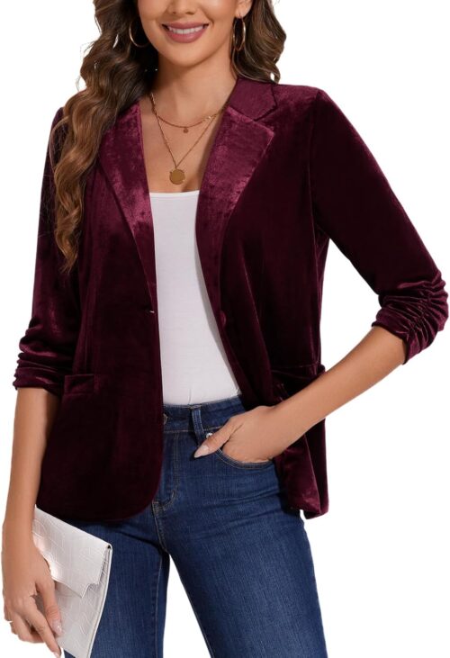 MINTLIMIT Women’s Velvet Blazer Ruched 3/4 Sleeve Jacket Notch Lapel Button Open Front Casual Blazers with Pockets