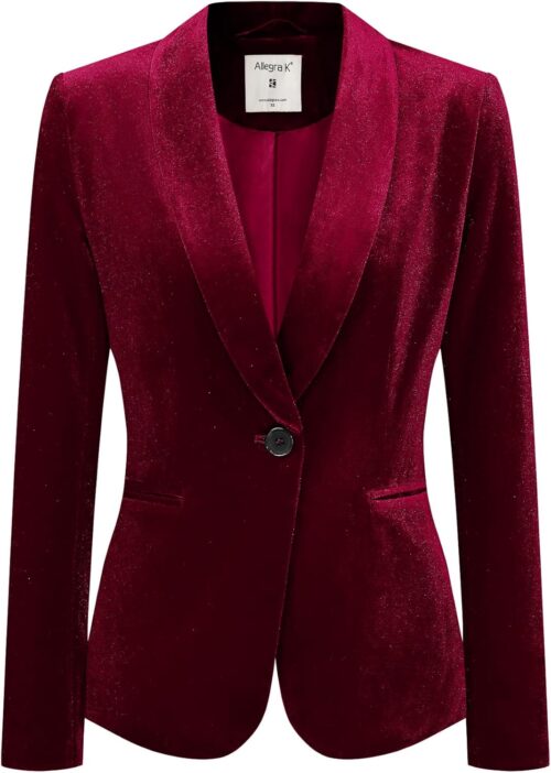 Allegra K Women’s Halloween Christmas Office Coat Solid Shawl Collar 1 Button Velvet Blazer