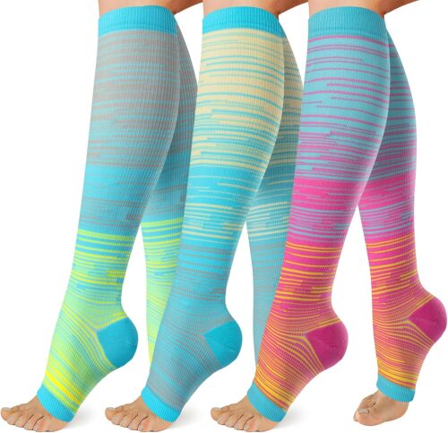 3 Pack Copper Compression Socks for Women&Men 20-30mmHg Open Toe Knee High Support Socks for Varicose Vein Running