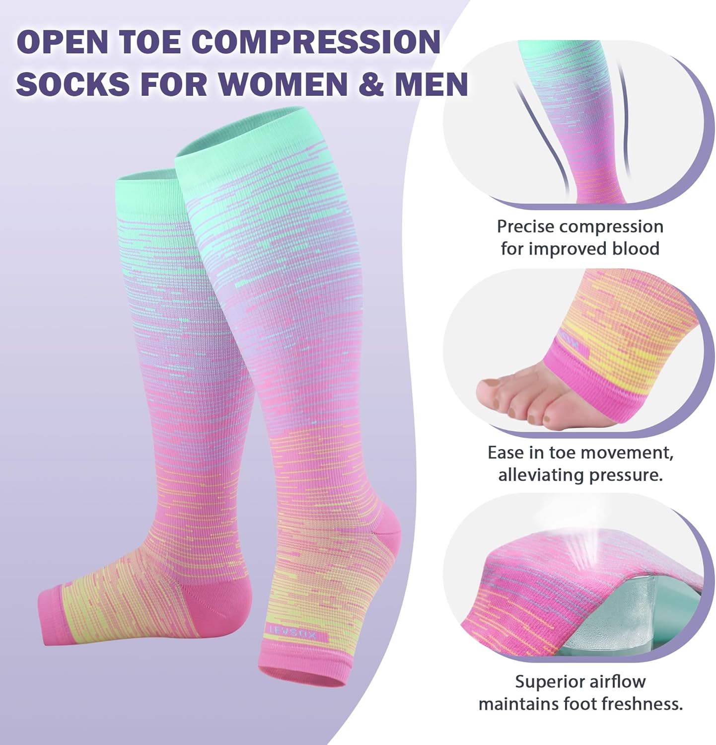 LEVSOX Open Toe Compression Socks for Women & Men 20-30mmHg Toeless Sock Knee High Support Stockings for Circulation Nurses Pregnant Travel - Image 2