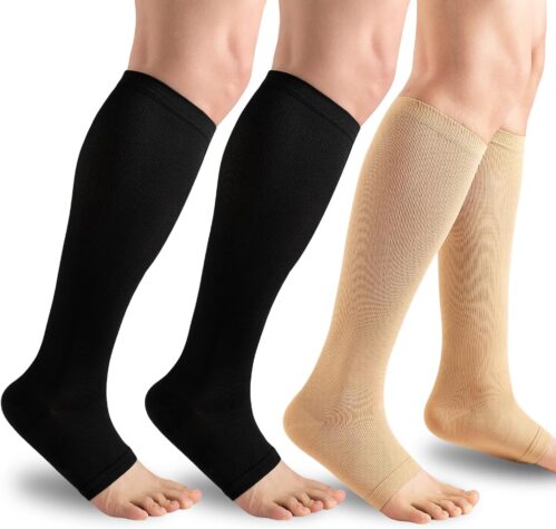 3 Pack Open Toe Compression Socks for Men & Women – 15-20 mmhg Knee High Stockings for Circulation Support