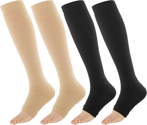 2 Pairs Women’s Open Toe Compression Socks, 15-20 Mmhg Compression Stockings Toeless Compression Socks Knee High Compression Socks for Women Girls Men(L/XL)