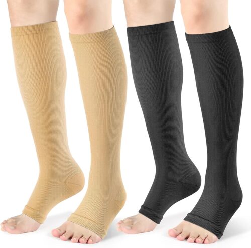 Open Toe Compression Socks Women & Men-2 Pairs 15-20 mmHg Knee High Stockings for Circulation Support