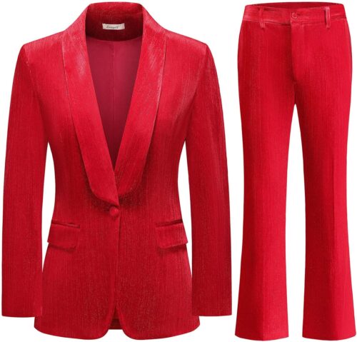 Lamgool Women Pantsuit Dressy Silver Thread Velvet 2 Piece Suit Set Blazer and Flared Pants