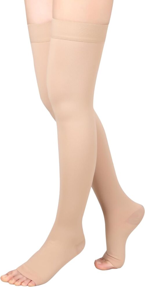 Thigh High Compression Stockings 20-30mmHg, Medical Compression Socks for Men & Women, Toeless (2XL, Beige)