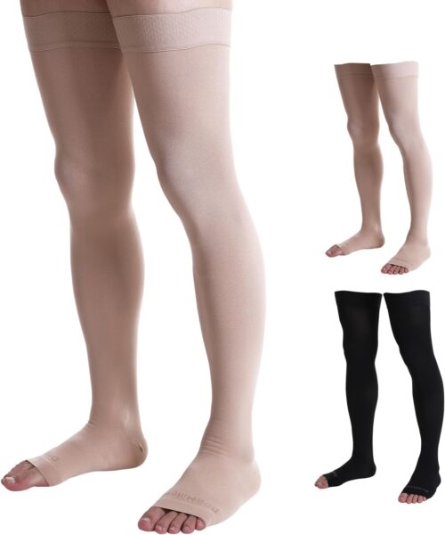 Doc Miller Thigh High Open Toe Compression Stockings 15-20mmHg for Varicose Veins, Pregnancy Support Open Toe Thigh High Compression Socks for Women and Men