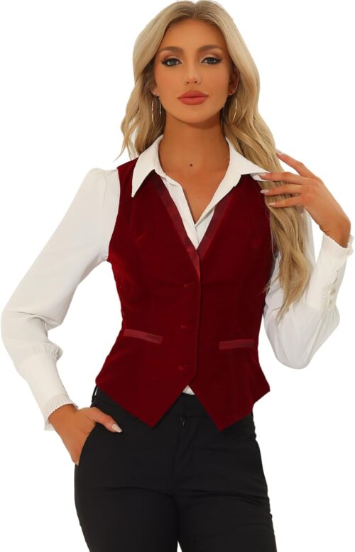 Allegra K Velvet Suit Waistcoat for Women’s Retro Sleeveless Steampunk Blazer Dressy Vest
