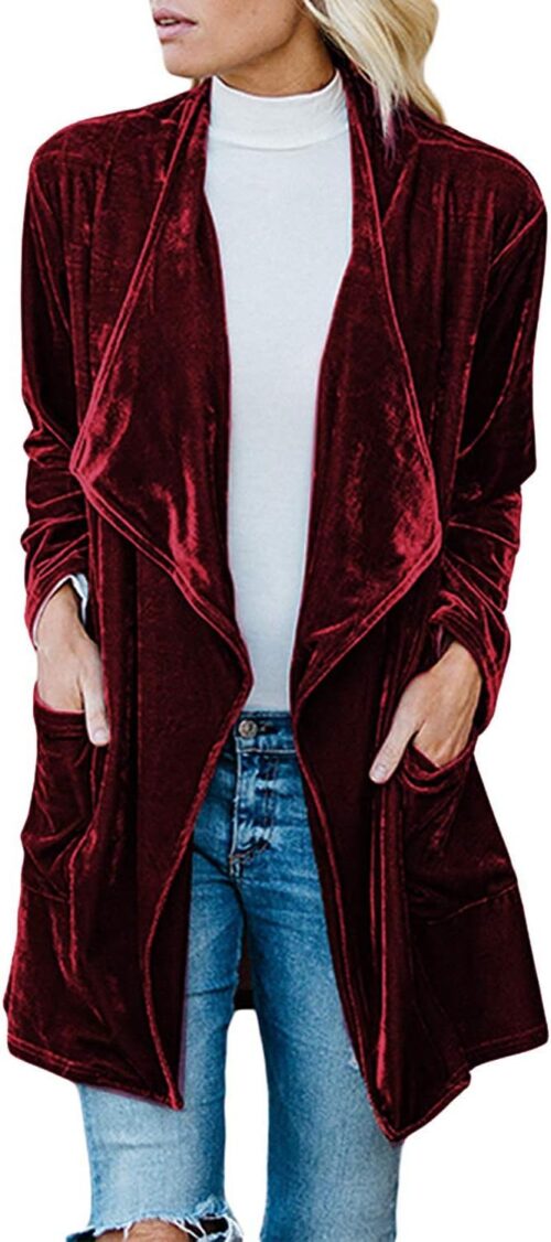 futurino Women’s Solid Long Sleeve Velvet Jacket Open Front Cardigan Coat with Pockets Outerwear